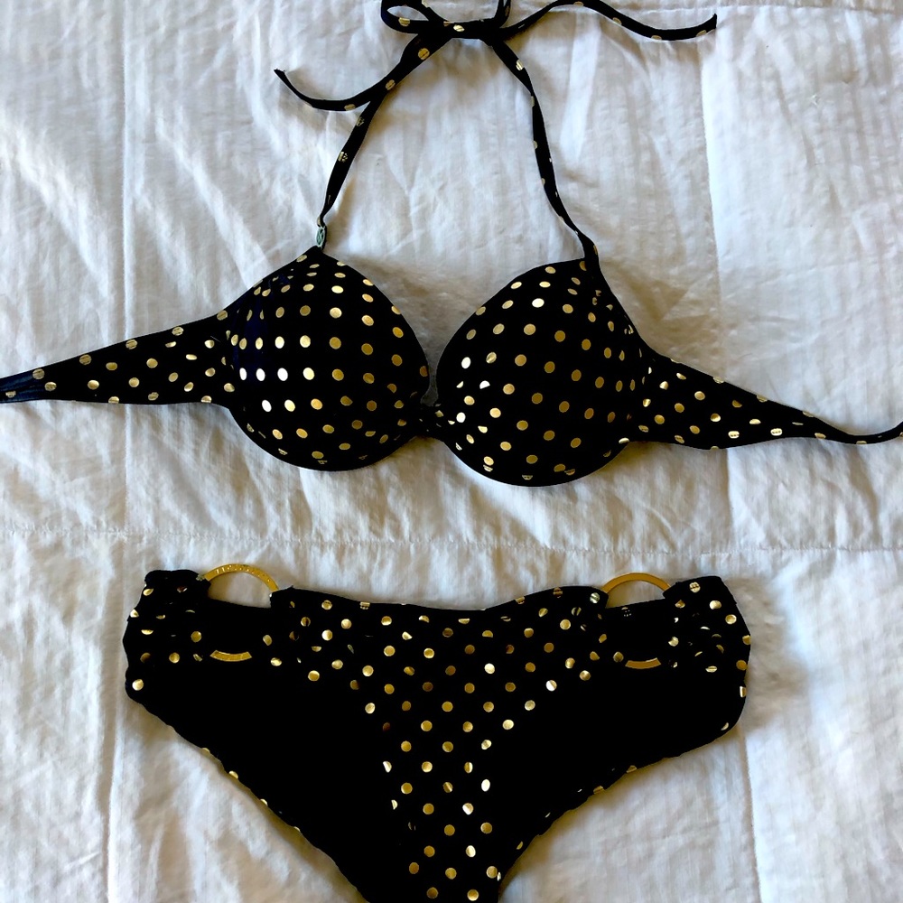 Vintage Victoria’s Secret Bikini — Black/Gold Polka Dot with Gold Tone Hardware